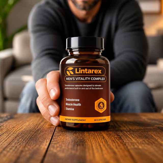 Man showing a bottle of Lintarex capsules on a wooden table